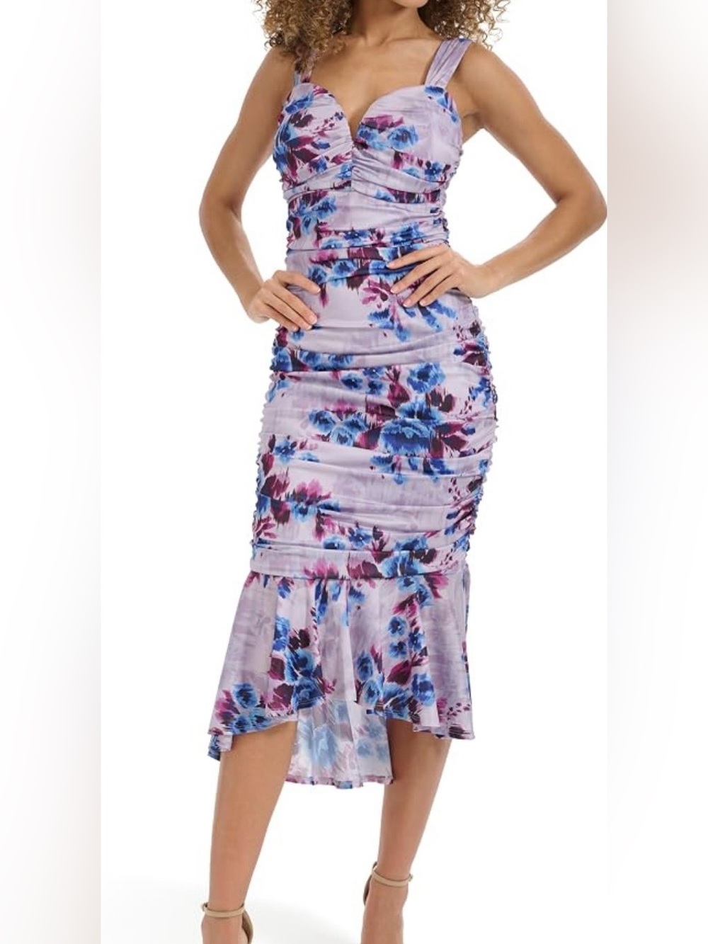 Siena purple multi-color Siena Sweetheart Ruched Mesh Midi Dress Size 6